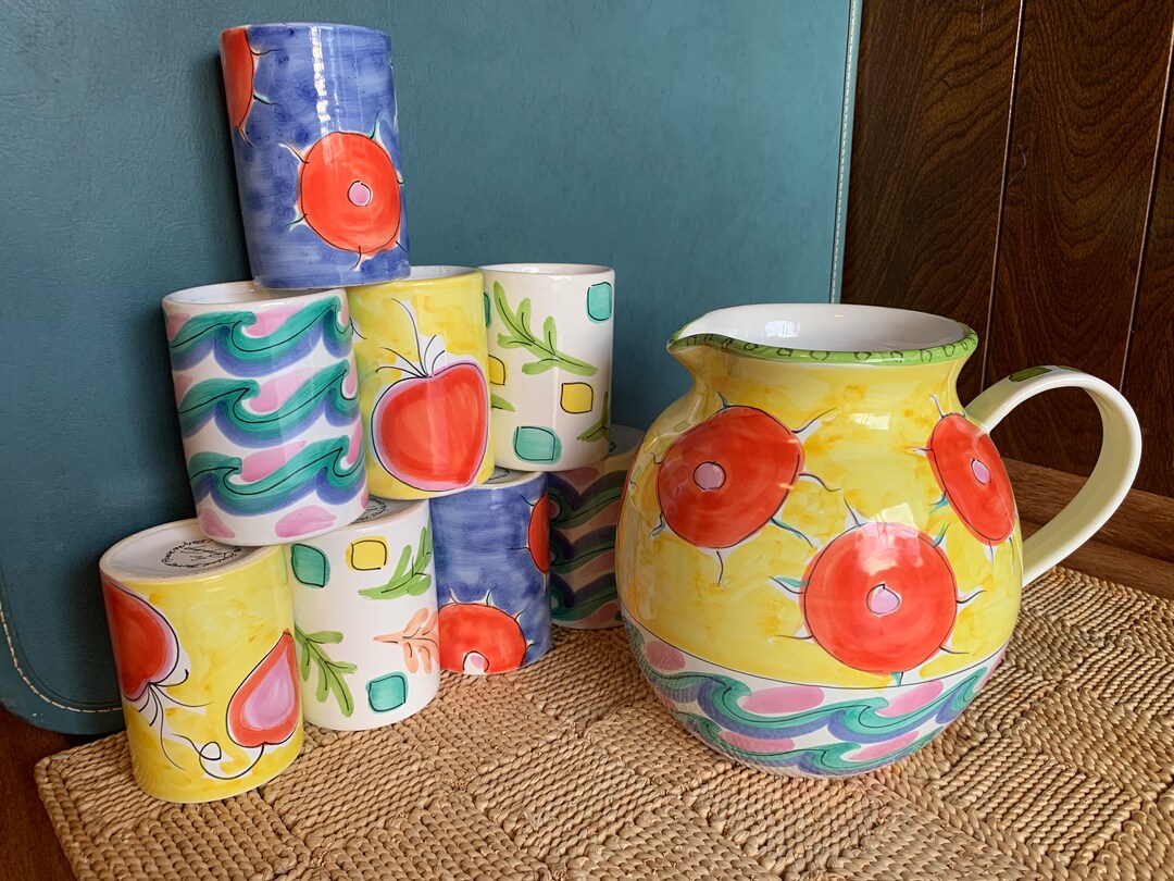 RARE Italian Pottery Pitcher & Cups Set of 9, 1991 Elizabeth Barnett ...
