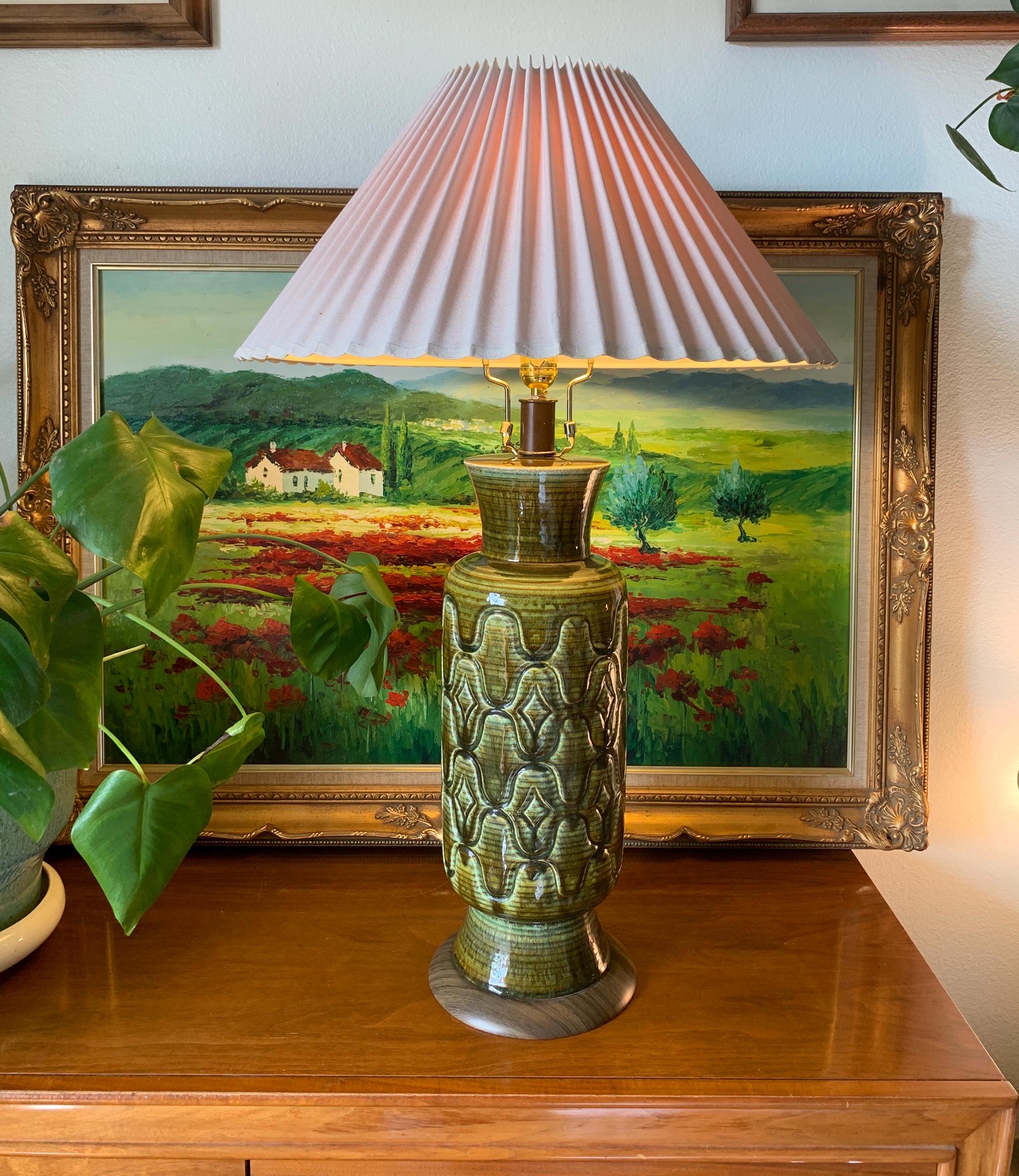 Vintage Mid Century Olive Green Glazed Pottery XL Table Lamp Base