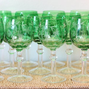 Bohemian Cut Emerald Green Wine Glass Cut to Clear Goblets, German or Czech Wine Hocks, set of 4