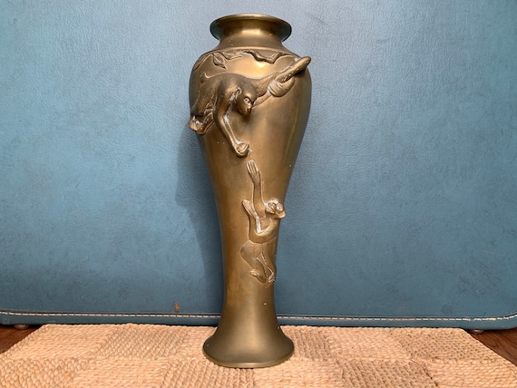 Antique Japanese Solid Brass Vase, Monkeys & Jungle Design