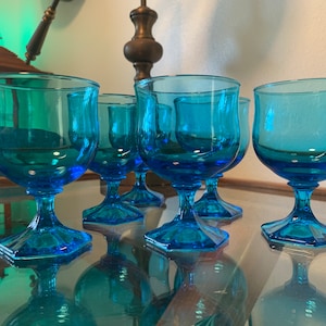 Anchor Hocking 1980s Turquoise Blue Glass Snifter Glasses, Set of 6 Vintage Barware Kitcheb