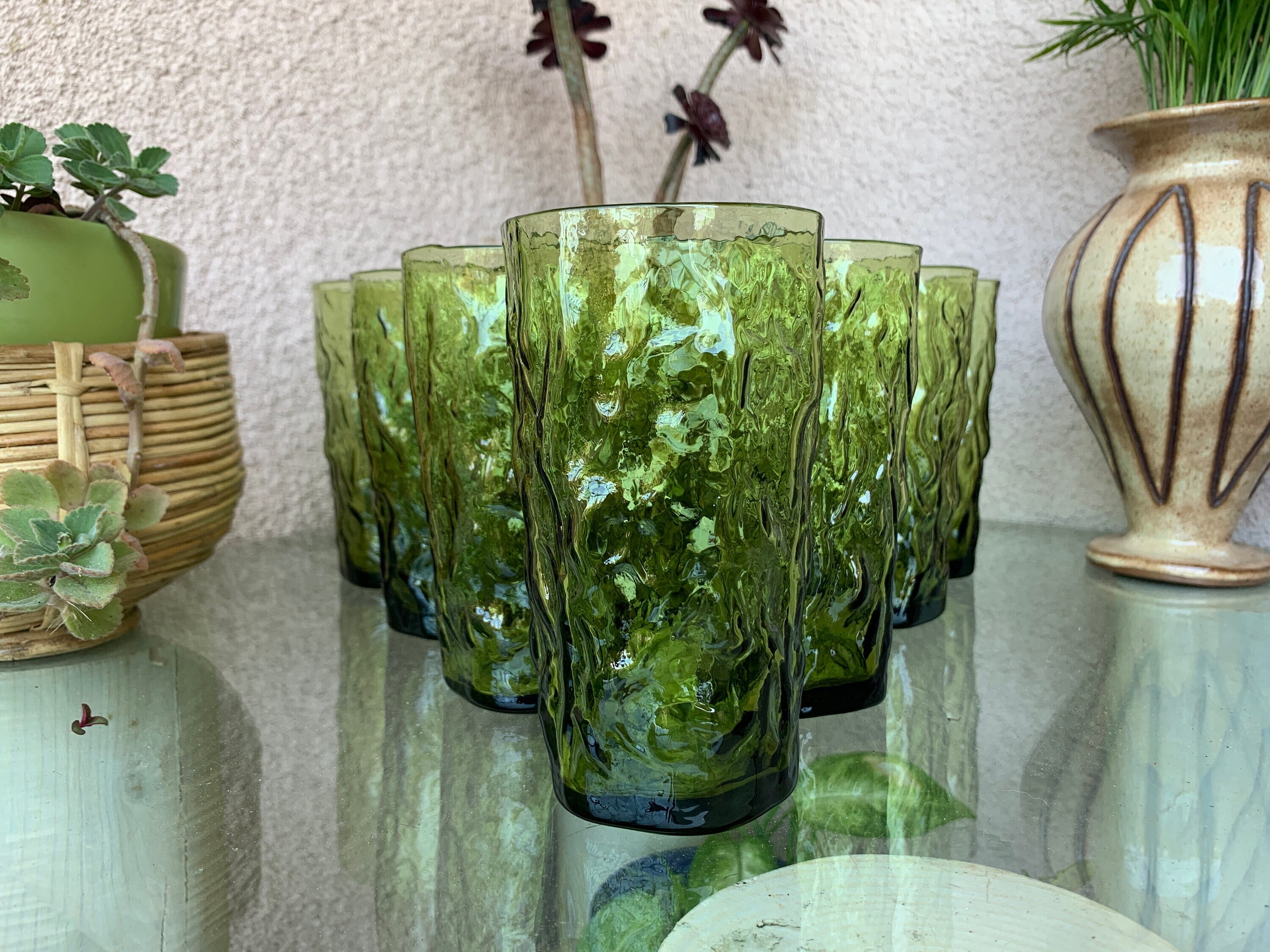 1970s Anchor Hocking Brutalist Crinkle Glass Green Tumbler