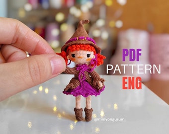 Miniature amigurumi Witch pattern English, Crochet tiny Witch pattern