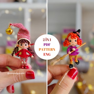 May include: Two crochet amigurumi dolls, a red and white elf with a bell and a witch with orange hair and a purple dress, holding a broom. The dolls are 2 inches tall and are part of a 2 in 1 PDF pattern in English.