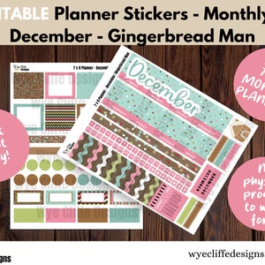 Printable Monthly Planner Stickers - 7&quot; x 9&quot; Planner - December - Gingerbread Man