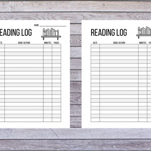 May include: A printable reading log with two columns, each with headings for date, book/author, minutes, and pages. The top of each column has a graphic of a bookshelf with books.