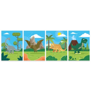 ChicResult 4er Set DINOSAURIER Wandbilder - Wandbilder Kinderzimmer, Deko, Dino Bilder, Dino Poste (4x DIN A4 oder A3 ohne Bilderrahmen)