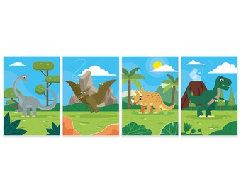 ChicResult Set of 4 DINOSAUR Murals - Murals Children's Room, Decoration, Dino Pictures, Dino Poste (4x DIN A4 or A3 without picture frame)