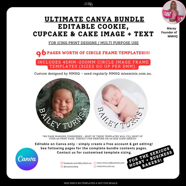 ULTIMATE BUNDLE Editable Cookie, Cupcake, Cake Image + Text Canva Templates for Icing Sheets!+ 96 x A4 Templates.