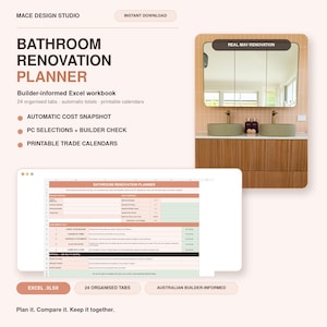 May include: A digital bathroom renovation planner Excel workbook by Mace Design Studio. The layout features text headers, a project spreadsheet interface, and a photograph of a bathroom with a wooden vanity, two sinks, and a mirror.