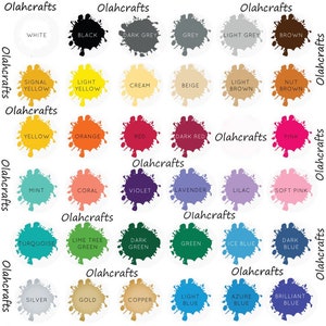 May include: A colour chart with 36 different paint colours, each colour is represented by a splatter of paint. The colours are arranged in rows and columns, and each colour is labelled with its name. The colours include white, black, dark grey, grey, light grey, brown, signal yellow, light yellow, cream, beige, light brown, nut brown, yellow, orange, red, dark red, pink, mint, coral, violet, lavender, lilac, soft pink, turquoise, lime tree green, dark green, green, ice blue, dark blue, silver, gold, copper, light blue, azure blue, and brilliant blue.