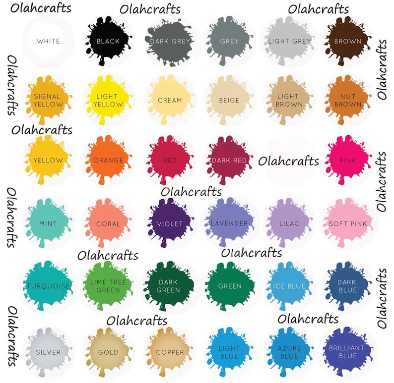 May include: A colour chart with 36 different paint colours, each colour is represented by a splatter of paint. The colours are arranged in rows and columns, and each colour is labelled with its name. The colours include white, black, dark grey, grey, light grey, brown, signal yellow, light yellow, cream, beige, light brown, nut brown, yellow, orange, red, dark red, pink, mint, coral, violet, lavender, lilac, soft pink, turquoise, lime tree green, dark green, green, ice blue, dark blue, silver, gold, copper, light blue, azure blue, and brilliant blue.
