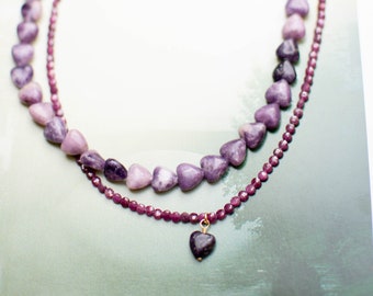 Delicate Ruby and Lepidolite Necklace Set 925 Sterling Silver Plated/ Gift/ Lepidolite Hearts/Heart Pendant/ Party Jewelry