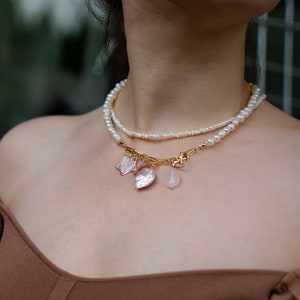 Necklace freshwater pearls/rose quartz/baroque/choker/mother of pearl/pendant star/heart/14K gold plated/party jewelry/wedding jewelry