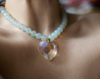 Heart necklace / choker / natural stone beads / party jewelry / gold-plated elements / handmade jewelry / wedding jewelry