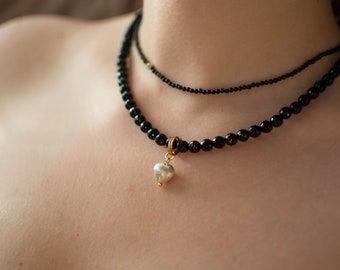 Collier onyx/ras de cou/perles pierres naturelles/bijoux de fête/pendentif coeur plaqué argent/éléments plaqués or/bijoux fait main