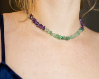 Necklace made of amethyst and aventurine/choker/natural stone beads/engagement/wedding/14K gold-plated elements/handmade jewellery
