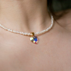 Delicate pearl necklace with heart pendant 925 sterling silver gold plated / gift / crystal necklace / wedding jewelry