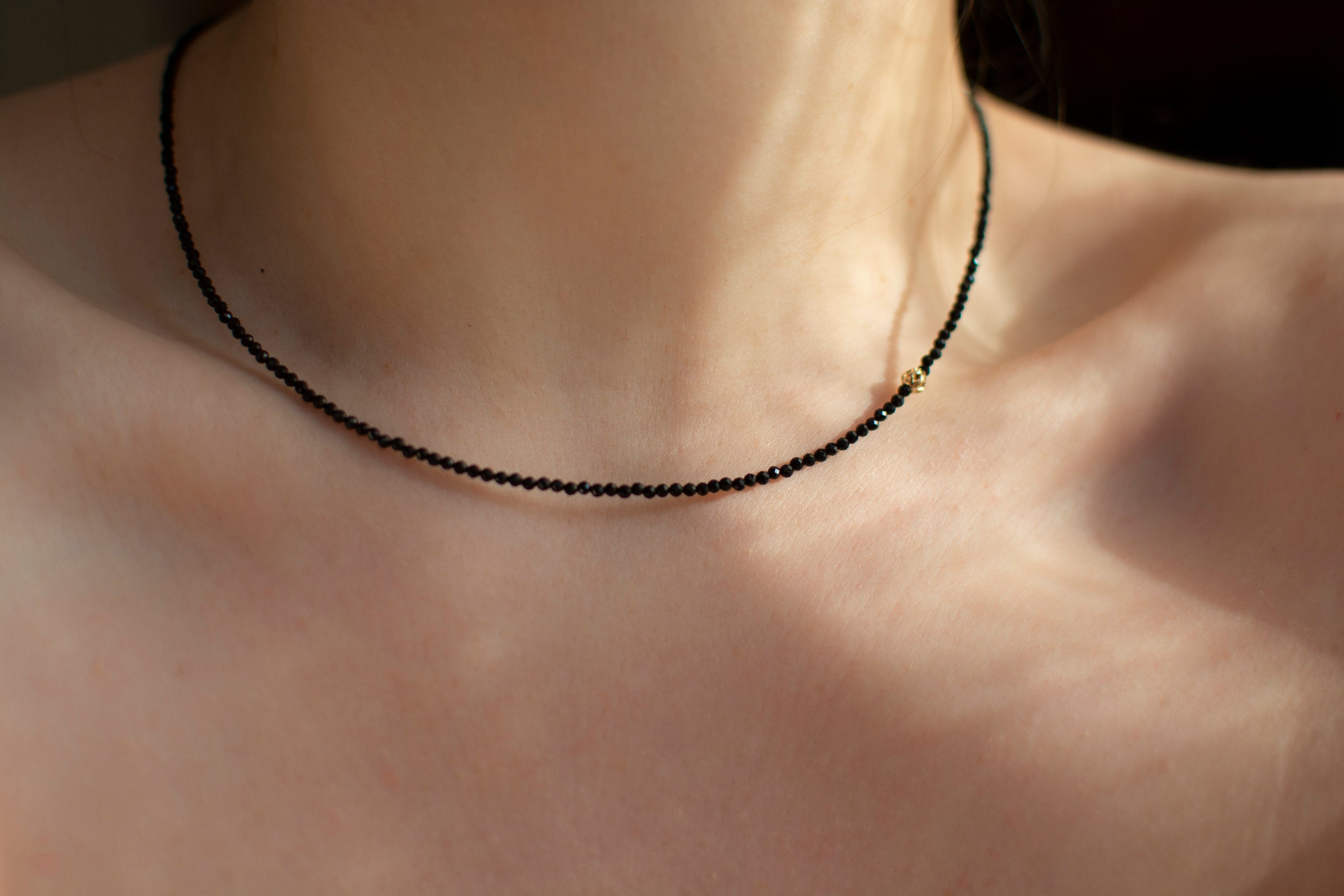 Necklace Onyx/ Halloween Choker/ Natural stone beads/Natural faceted black Onyx/ Gold-plated elements/ Handmade Jewellery