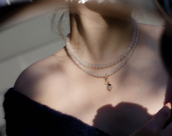 Women's Pearl Necklace / Delicate Rose Quartz Necklace / Natural Stone Pearls / Pink Pearl Necklace / Detachable Rose Quartz Pendant / 14K Gold Plated