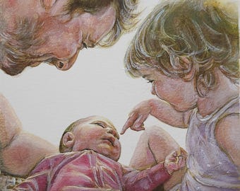 Hand-Painted Watercolor Family Portrait: Custom Memorial Art Gift