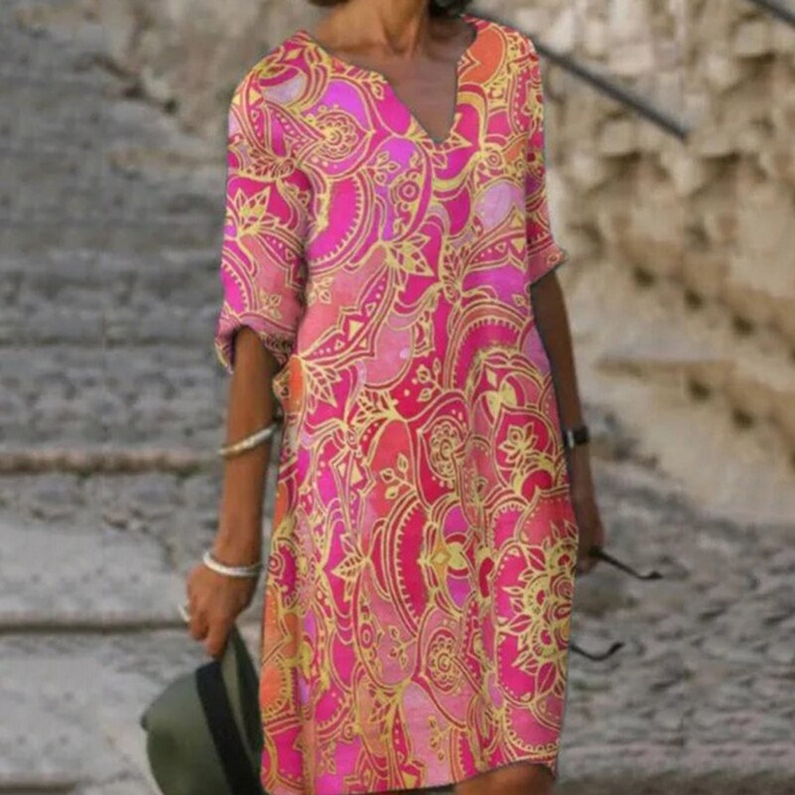 Lightweight Boho Printing V-neck Half Sleeve Dress for Women - Etsy