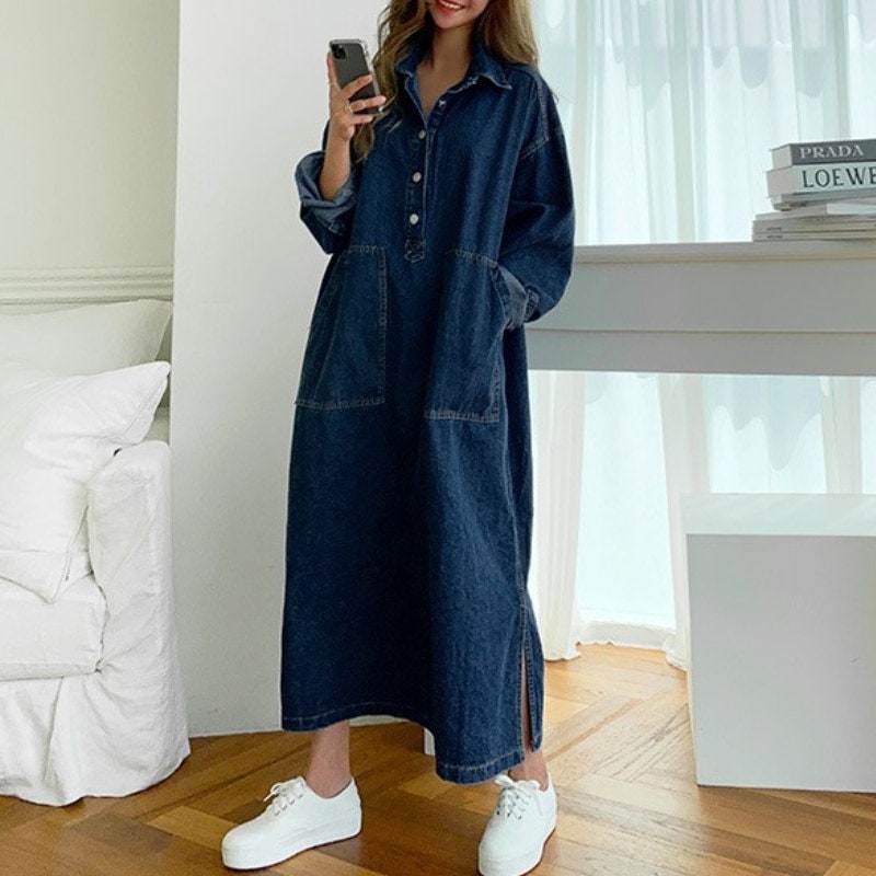 One Size Long Denim Shirt Urban Casual Jean Dress for Women - Etsy