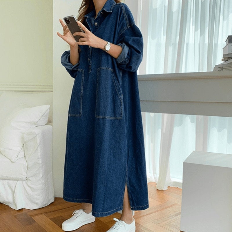 One Size Long Denim Shirt Urban Casual Jean Dress for Women Etsy