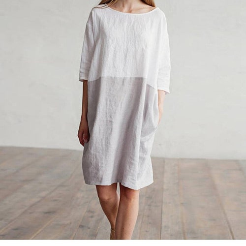 Linen Plus Size Tunic Half Sleeved Summer Dress Linen Casual - Etsy