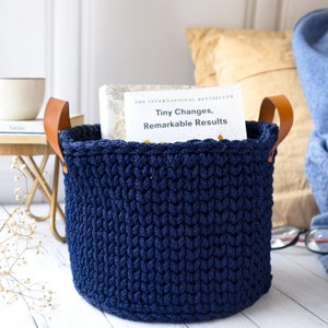 CROCHET STORAGE BASKET, Hand-crocheted, Decorative Basket, Yarn basket, Multi-purpose Organizer, for Bathroom, Craft room, , Entry way, Navy Blue