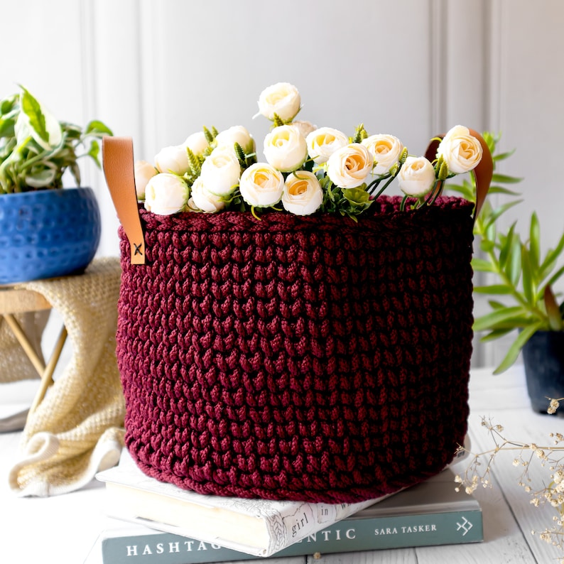 CROCHET STORAGE BASKET, Hand-crocheted, Decorative Basket, Yarn basket, Multi-purpose Organizer, for Bathroom, Craft room, , Entry way, Cardinal Maroon