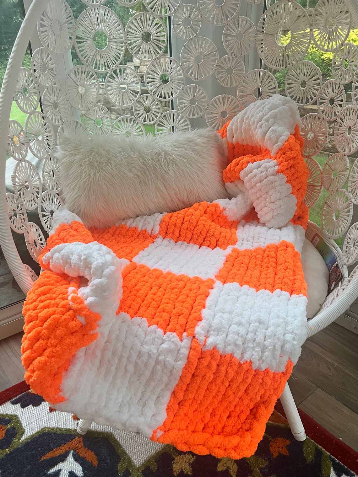 CHUNKY KNIT CHECKERED Blanket Soft Chenille Handknit Throw Chunky Blanket Couch Throw Blanket