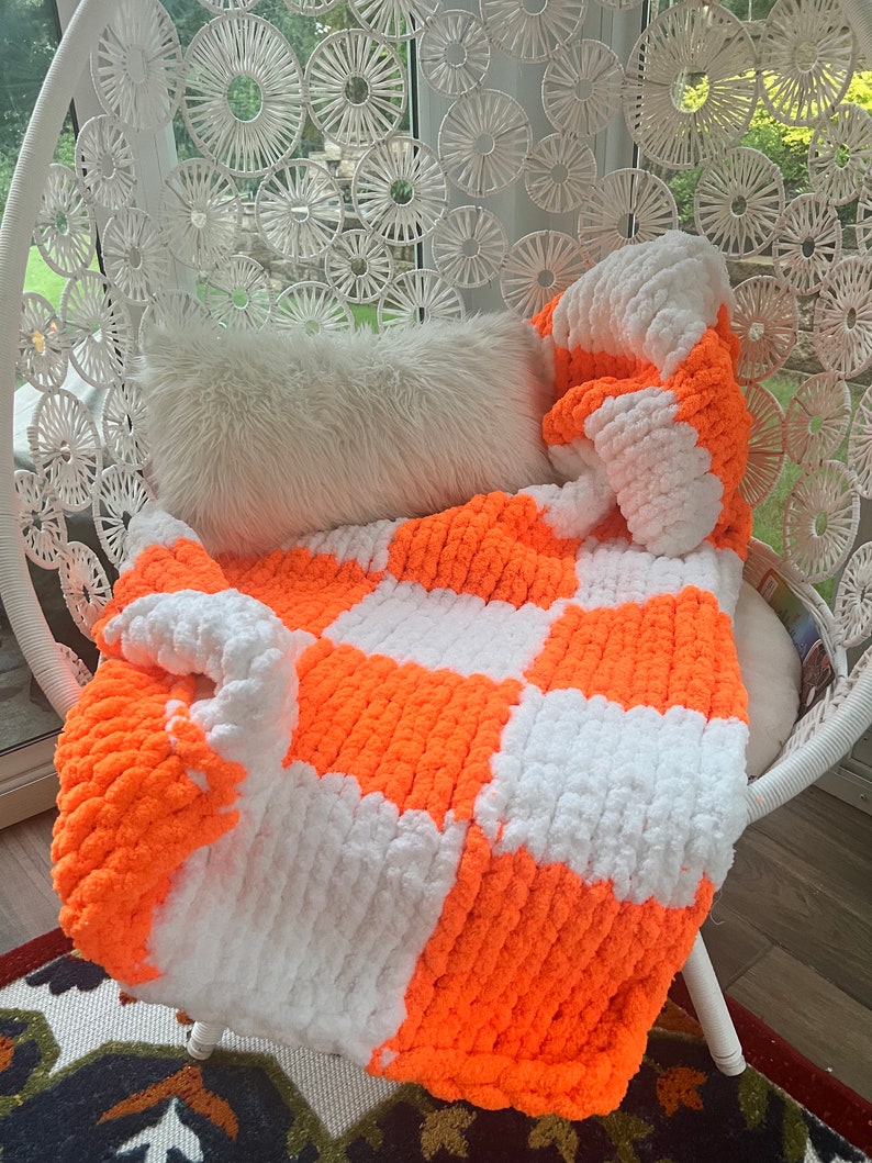 CHUNKY KNIT CHECKERED Blanket Soft Chenille Handknit Throw Chunky