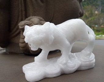 Stone Tiger statue Natural white stone handmade tiger statue garden sculpture home decorations Lucky stone Healing stone