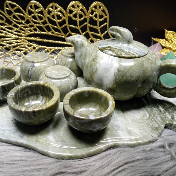 Teapot set cups jade green natural stone handmade tea pot and cup