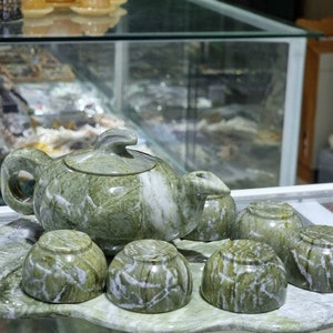 Vintage Onyx Teapot set Handmade Tea pot Cup Natural Green onyx tea pot cups Teapot with 6 cups Livingroom Decoration Antique Teapot set