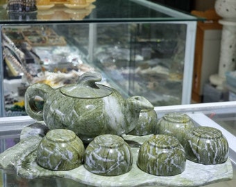 Vintage Onyx Teapot set Handmade Tea pot Cup Natural Green onyx tea pot cups Teapot with 6 cups Livingroom Decoration Antique Teapot set