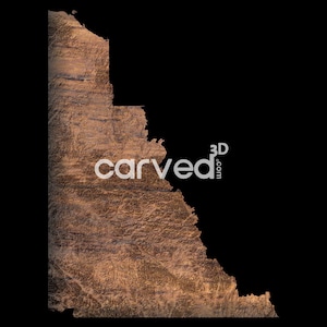May include: A wooden map of Idaho, carved in a rustic style with a brown and gold colour scheme. The map is outlined in black and has a 3D effect. The text "carved3d.com" is visible in the bottom right corner.