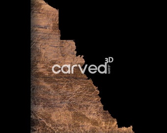 May include: A wooden map of Idaho, carved in a rustic style with a brown and gold color scheme. The map is outlined in black and has a 3D effect. The text "carved3d.com" is visible in the lower right corner.
