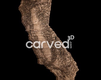 May include: A 3D wood carving of the state of California. The carving is detailed and shows the state's topography. The carving is made by 3Dcarved.com.