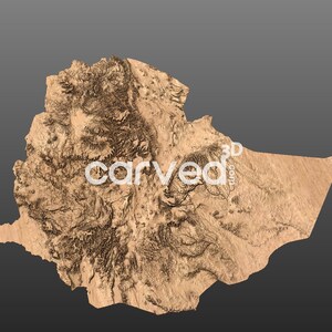 May include: A detailed topographic map of Ethiopia, showcasing the country's varied terrain, including mountains, valleys, and plains. The map is rendered in a warm brown colour scheme, highlighting the country's natural features.