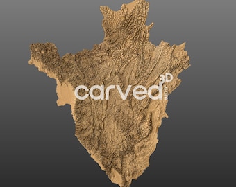 May include: A 3D relief map of a region with brown and tan colors. The map is textured to show the topography of the land. The text "carved3d.com" is printed in white on the map.