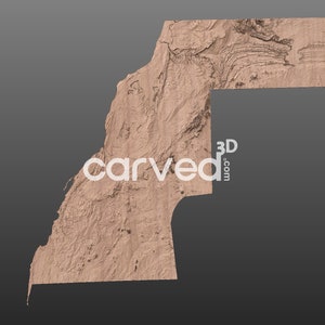 Può includere: Una mappa in rilievo 3D del Sahara Occidentale, un territorio nel Nord Africa. La mappa è realizzata in un materiale marrone chiaro e mostra il terreno della regione.