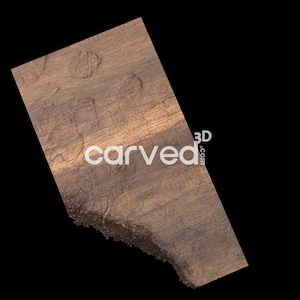 Pode incluir: Um close-up de uma peça de madeira com uma superfície áspera e texturizada. A madeira é de cor marrom escura com algumas veias marrom claro. A madeira está rachada e desgastada, o que lhe confere um aspecto rústico. O texto "carved3d.com" está impresso na madeira.