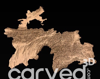 May include: A 3D relief map of Tajikistan, carved from wood and painted in a light brown color. The map is set against a black background. The text "carved.com" is visible in the lower right corner of the image.
