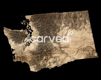 May include: A 3D relief map of the state of Washington, showing the topography of the state. The map is made of a light brown material and shows the major rivers and mountains of the state.