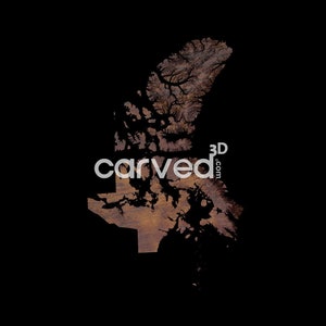 May include: A brown wooden map of the Falkland Islands, carved in a 3D style. The map is on a black background and has the text "carved.com" in white.
