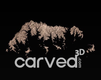May include: A 3D-printed model of a mountainous island with a textured surface. The model is made by 3DCarved.com.