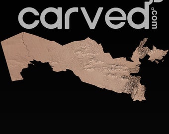 May include: A 3D printed model of a mountain range, with a textured surface and a light brown color. The model is on a black background. The text "carved.com 3D" is in the upper right corner of the image.