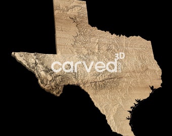 May include: A 3D wood carving of the state of Texas. The carving is detailed and shows the topography of the state. The carving is made of a light brown wood and has a natural finish. The carving is signed "carved.com" in the lower right corner.